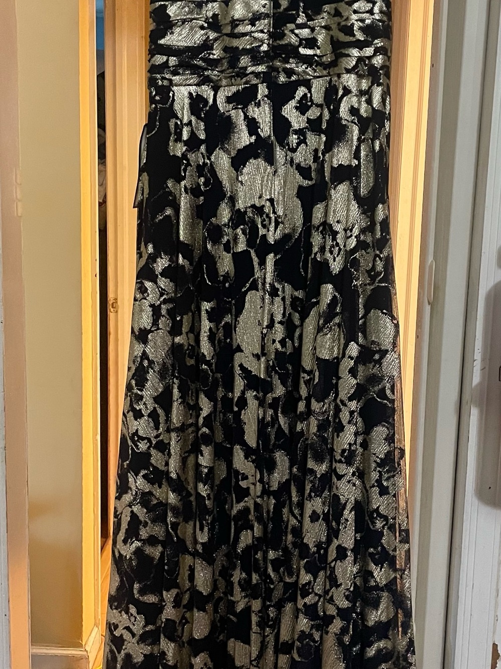 Betsy & Adam Dark BlueMaxi Skirt with Soft Gold Metallic Floral Pattern